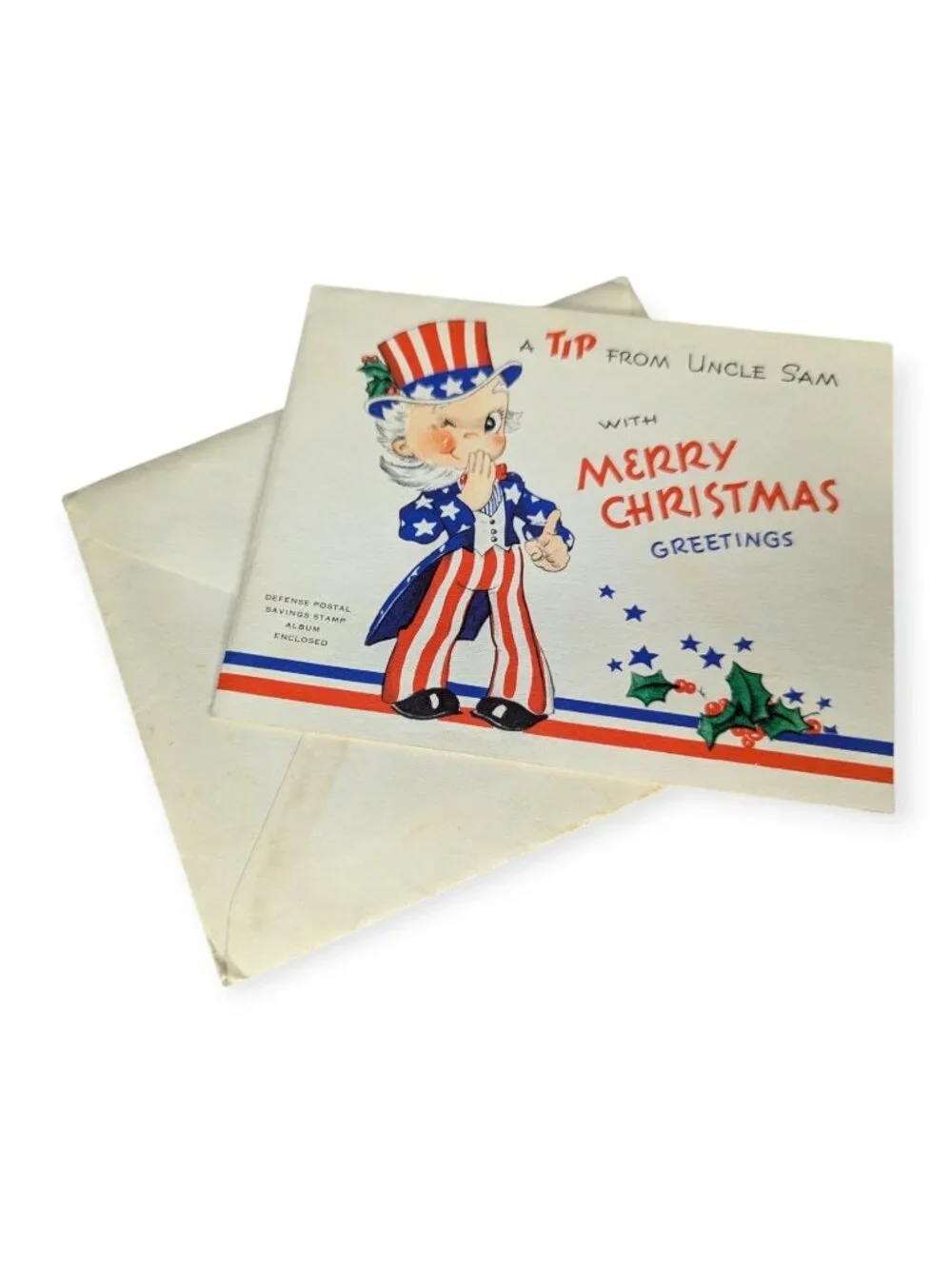 Vintage Uncle Sam Merry Christmas Greeting Card w/Saving Bonds Booklet 1941